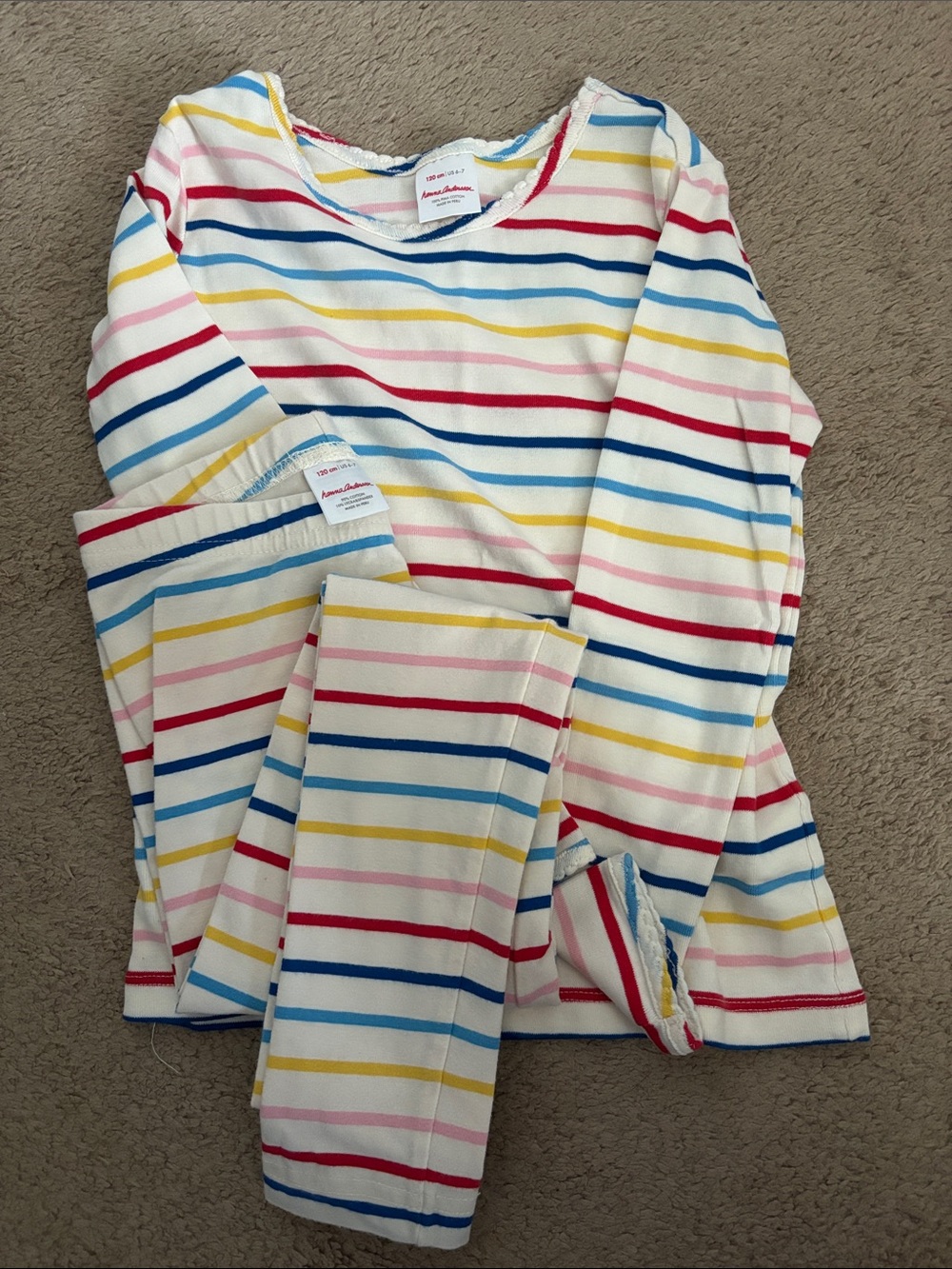 Hanna Andersson White Striped Pajama Set with Red, Blue, Yellow, Pink Stripes
